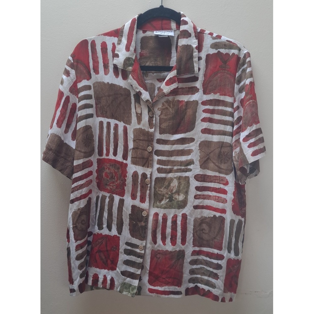 Alfred Dunner Womens Red Brown Abstract Geometric Button Down Shirt Size 14 USA